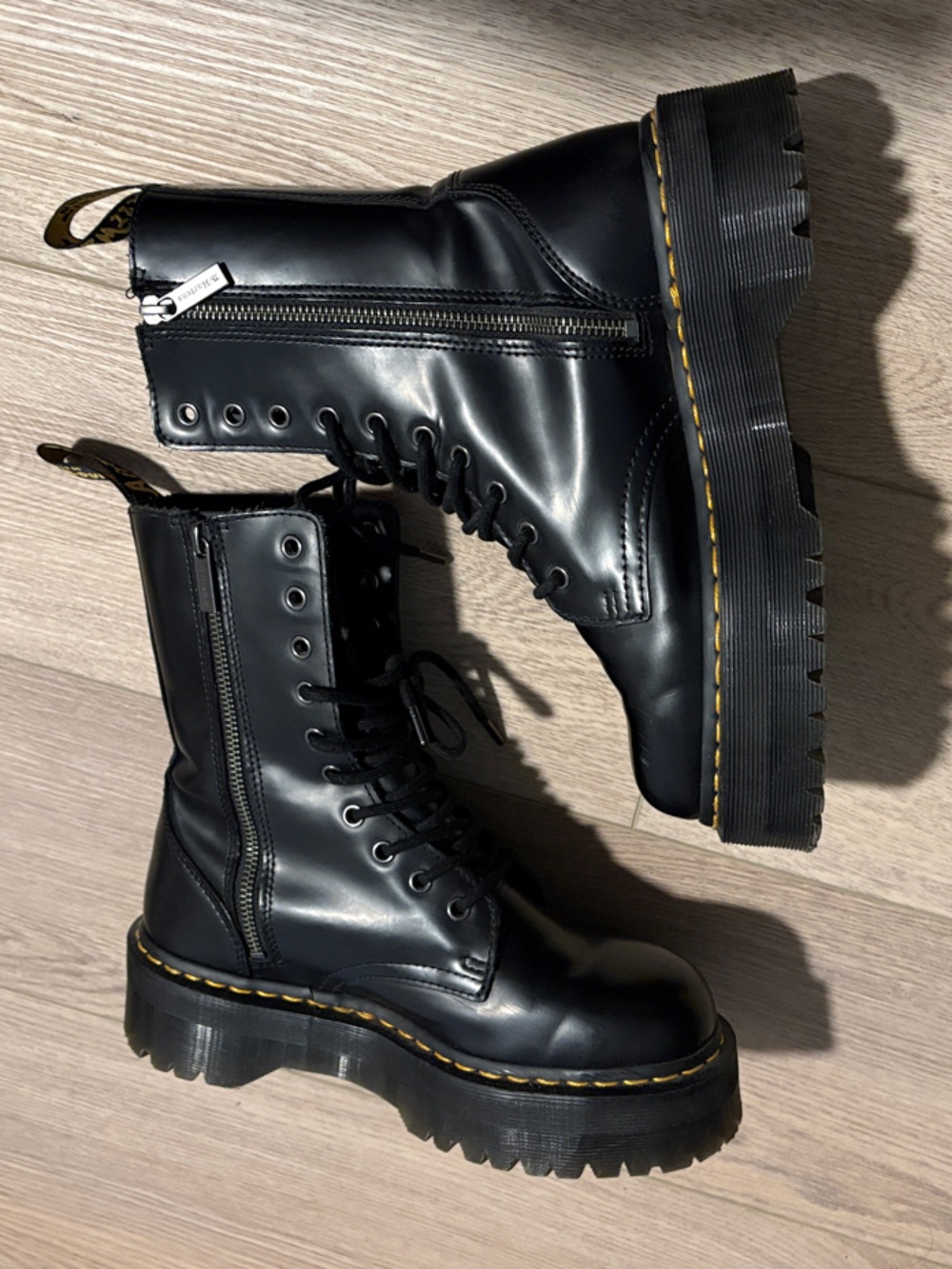 Dr. Martens Black Leather Platform Lace-Up Boots with Yellow Stitching - Picture 4 of 8